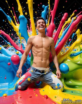 Kneeling with a wide grin, a shirtless man rests in splashing yellow and blue paint