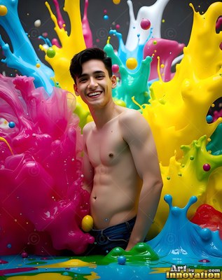 Shirtless cheerful man surrounded by splashing pink and yellow paint