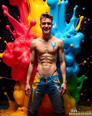 Blue paint drips on the chest of a shirtless grinning man standing before bright paint splashes