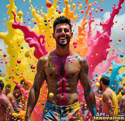 A smiling shirtless man stands outside while bright pink and yellow splashes of paint behind him