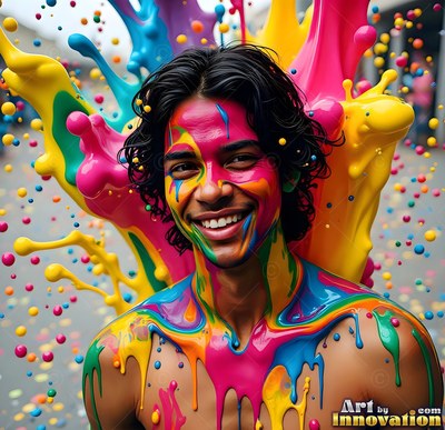 A laughing man covered in bright pink and yellow paint splashed everywhere