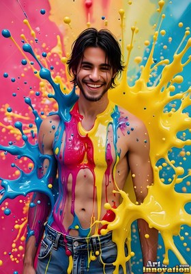 In a colorful studio, a smiling shirtless man is splashed with yellow and blue paint