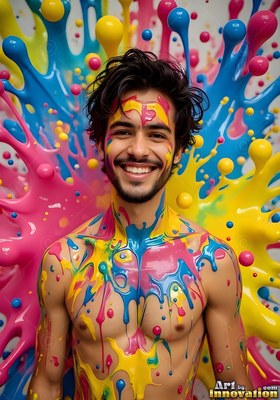 Smiling broadly, a shirtless man is covered in thick splashes of yellow, pink, and blue paint