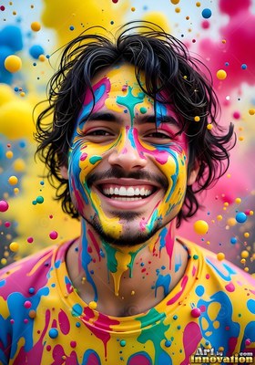 Smiling man covered in colorful paint splatters