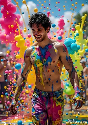 Splattered with pink and blue paint, a grinning man walks outdoors under bright sun