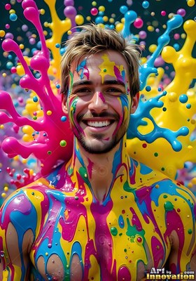 A man with a smile stands shirtless as bright pink and yellow bursts of paint around him