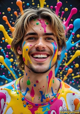 Facing forward in a dark studio, a man with a smile is splashed with pink and yellow paint