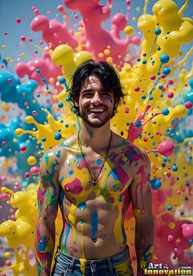 A grinning shirtless man covered in splashes of pink and yellow paint