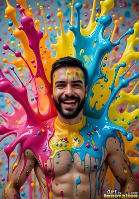 Before a dotted wall, a smiling man is covered by splashes of pink and blue paint