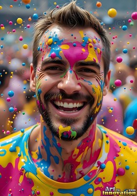 Smiling widely, a bearded man is covered in bright pink and yellow paint splatters
