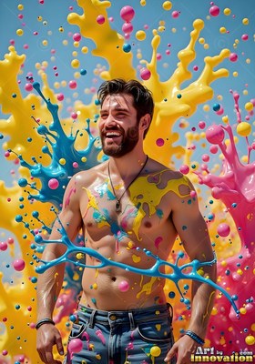 A grinning shirtless man covered in yellow and blue paint splashes