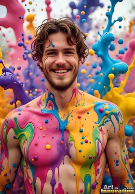 A smiling man with a beard stands shirtless as bright pink and blue splashes of paint around him