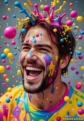 A laughing man in a yellow shirt is showered by glossy pink and yellow paint over his hair