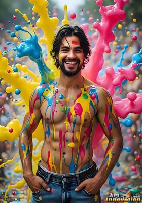 Facing forward outdoors, a shirtless man smiles under splashes of yellow and pink paint