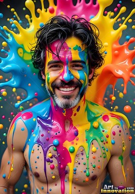 A bare-chested man smiling covered in colorful splashes of poured yellow and blue paint