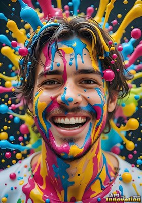 Against a dark studio backdrop, a smiling man is splashed with yellow and blue liquid paint
