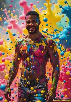 Smiling happily, a muscular man stands covered in yellow and blue paint drops