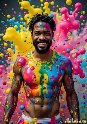 A laughing man covered in wet yellow and pink splattering paint