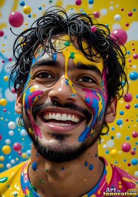 Thick yellow paint drips down a grinning man's face before a field of floating beads