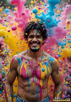A smiling shirtless man stands covered in drips of bright pink and yellow paint