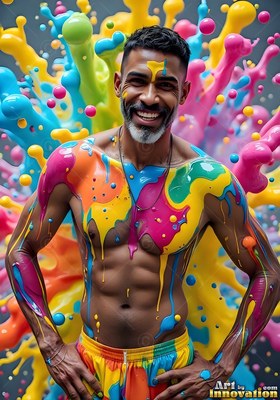 Standing shirtless, a smiling man poses before splashes of yellow and pink paint