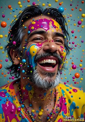A laughing bearded man splattered with bright pink and yellow drops of paint