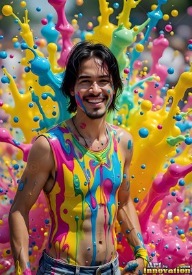 Outdoors, a cheerful man stands covered in drips of yellow and pink paint