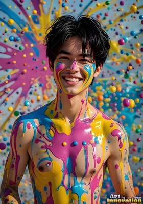 Smiling brightly, a shirtless young man stands covered in drips of pink and yellow paint
