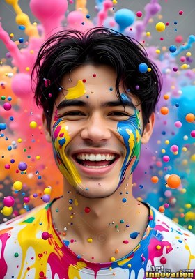 A laughing man with colorful paint splattered on his face and shirt