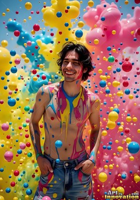 Paint-streaked jeans on a smiling, shirtless man surrounded by floating yellow and pink bubbles outdoors
