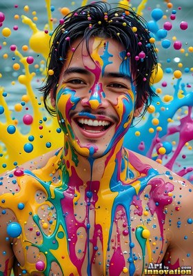 A man with a smile is splashed with bright drops of yellow, blue, and pink paint