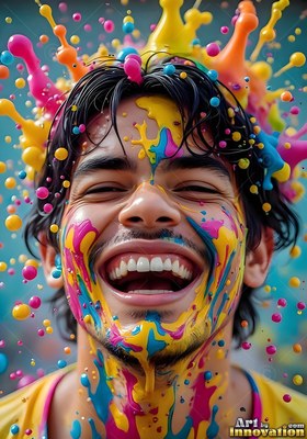 Laughing head-on outdoors, a man is covered in bright yellow and pink paint splatters