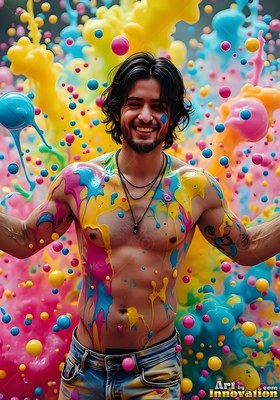 A laughing shirtless man in jeans is covered in splashed blue and yellow paint