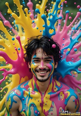 Outdoors, a smiling man is covered in splashed yellow, pink, and blue paint