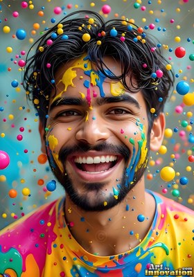 Smiling broadly, a young man is splattered with colorful paint drops