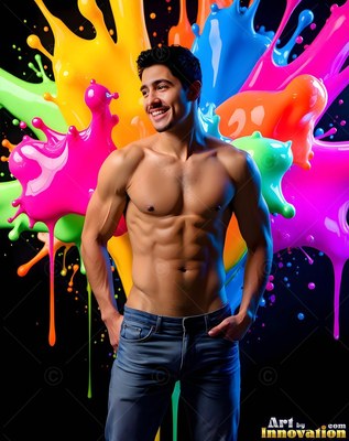 Bare-chested man smiling in jeans before bright splashes of paint