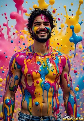 Dark-bearded man in jeans smiles as bright pink and yellow paint splashes around him