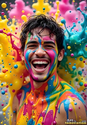 A cheerful man laughs as glossy yellow and pink splashes of paint across his face and bare chest