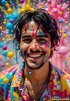 Smiling head-on in a studio, a young man gets splashed with pink and yellow paint droplets