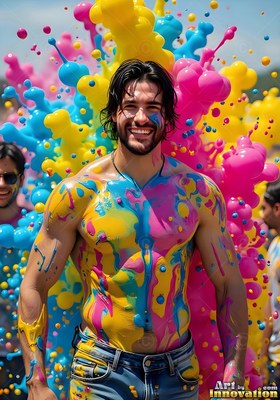 A shirtless man with a smile in jeans is covered in splashes of pink and yellow paint