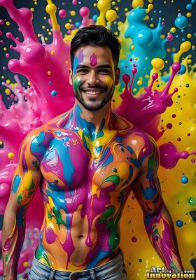 Before a burst of yellow and pink splatters, a man with a smile stands coated in paint