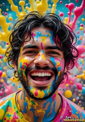 Laughing openly, a bearded man is covered in splashed pink and yellow paint