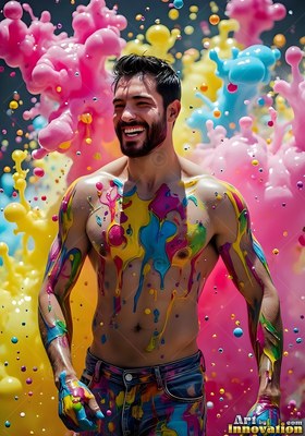 Smiling shirtless man splashed with pink and yellow paint