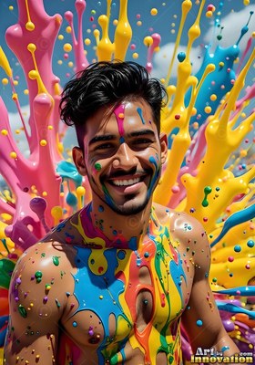 Dark hair framing a smiling man covered in blue paint splatters against pink splashes of paint outdoors