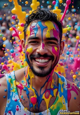 A man with a smile stands covered in blue and yellow splashes of paint in the sun