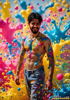 Smiling shirtless, a young man stands before flying splashes of pink and yellow paint