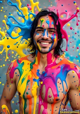 A shirtless man with a smile covered in thick splashes of pink, blue, and yellow paint