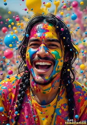 In an outdoor crowd, a laughing man wears braided hair and bright yellow paint drops