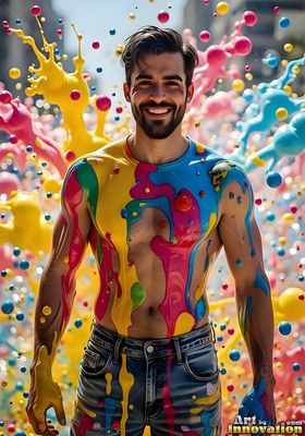 Smiling outdoors, a shirtless man in jeans stands covered in yellow and blue paint
