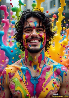 Cheerful man covered in drips of pink and yellow paint